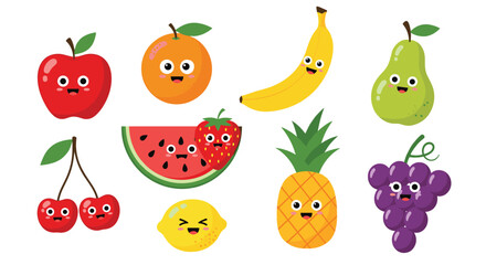 Fototapeta premium Group of cheerful cartoon fruit characters with adorable smiling faces for kids education and healthy eating.