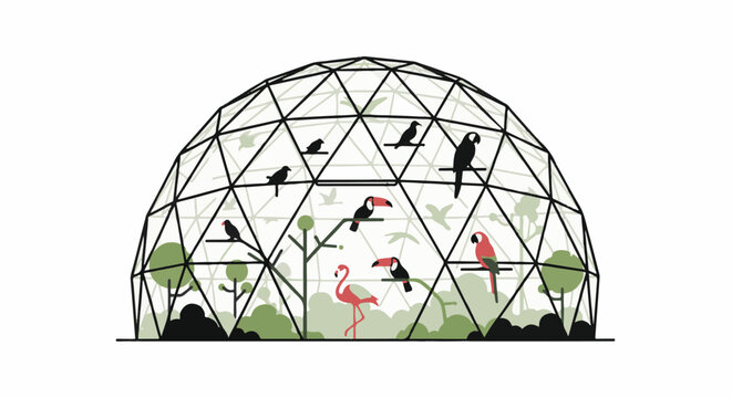 Tropical birds inside a geodesic dome aviary with lush greenery