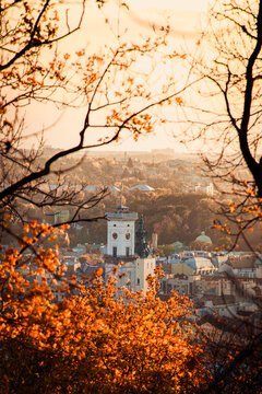 Lviv city hall tower and autumn foliage panoramic view
