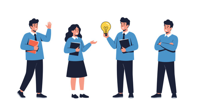 Group of students in uniform with one holding a glowing light bulb symbolizing a new creative idea or solution.