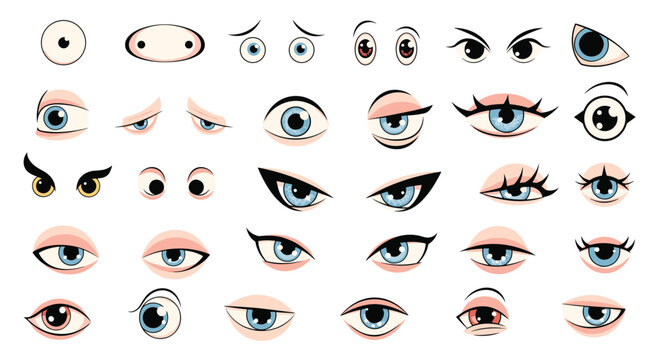 Comprehensive set of diverse eye expressions and styles for character animation and graphic design illustrations.