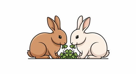 Obraz premium Two cartoon rabbits, one brown, one white, eating clover