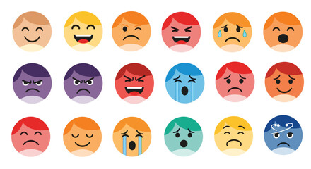 Naklejka premium Large set of colorful avatar faces with various emotional expressions ranging from very happy to angry and sad.