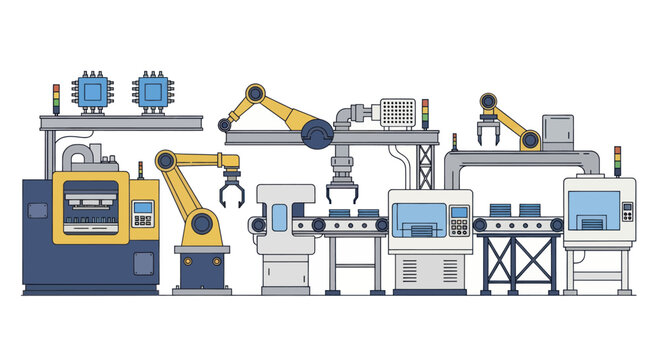 Automated factory production line with robotic arms and machinery.