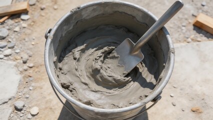 Fototapeta premium A metal bucket filled with mixed cement and a shovel on a construction site with scattered rocks and wood pieces, highlighting the process of building maintenance and repair.