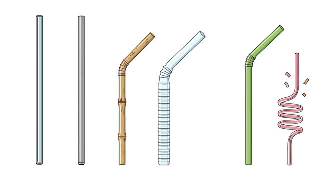 Assorted collection of various drinking straws including bamboo, metal, plastic, and playful spiral shapes isolated on white.