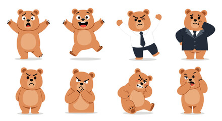 Fototapeta premium Cartoon bear character exhibiting a wide range of emotions and personas like being scared, happy, angry, or a professional businessman.