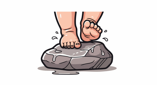 Toes grip wet rock, water splashes from toes