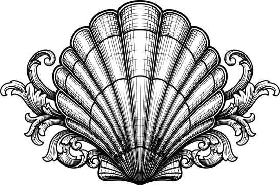Vintage decorative scallop seashell with baroque style ornate flourishes woodcut illustration.