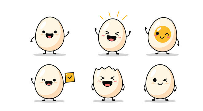 Collection of cute egg characters in various states such as whole, cracked, boiled, and waving with friendly facial expressions.
