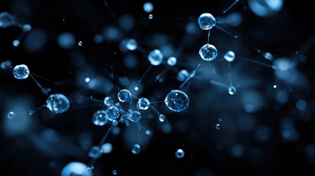 Complex microscopic structure composed of illuminated spheres connected by thin filaments against a dark backdrop