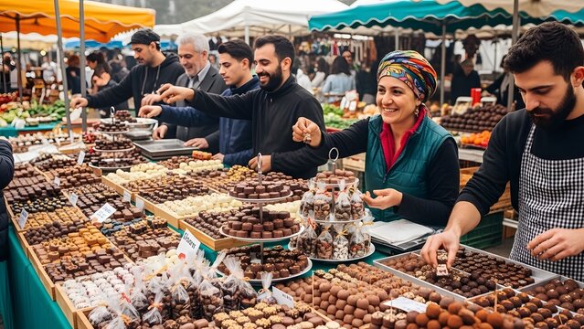 Busy outdoor market booth selling artisan chocolate treats