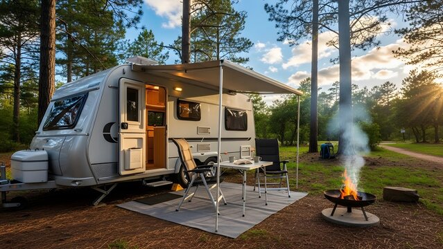 Camping trip small caravan awning campfire forest sunset