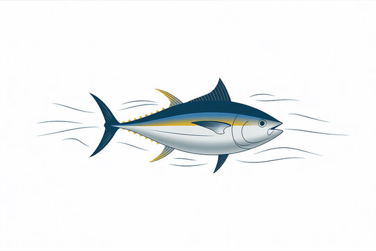 A vibrant illustration of a tuna fish swimming through stylized water waves, showcasing its sleek form and bright colors