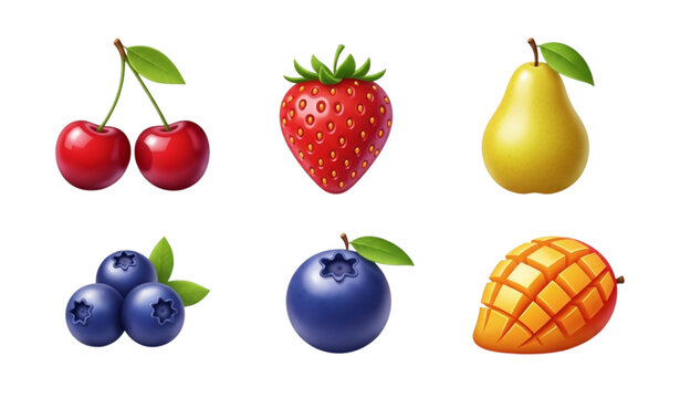 Casino slot fruit vector icon set cherry strawberry glossy 3D UI symbols