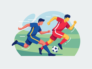 Obraz premium Modern flat vector illustration of two soccer players competing for the ball on a stadium field