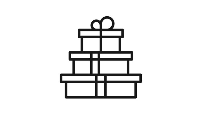 Minimalist black line vector icon of a stack of three gift boxes with ribbons and a bow, scalable illustration for birthday, Christmas, anniversary, holiday celebrations, and gift-giving concepts.