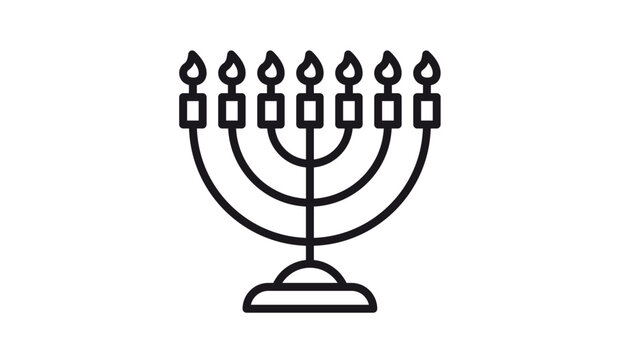 Seven-branched menorah vector icon illustration, traditional Jewish religious symbol with lit candles and flames, minimalist black outline graphic for Hanukkah or temple worship decoration.