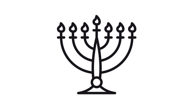 Minimalist black vector line icon of a traditional seven-branched Jewish menorah with lit candles and flames, isolated on a white background for religious and cultural graphic design.