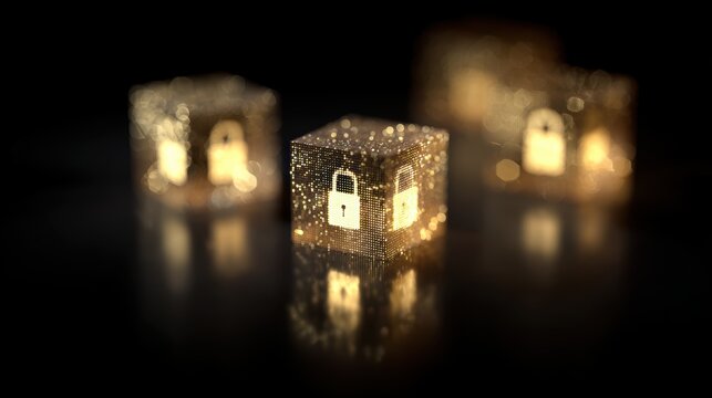 Blockchain security: interlinked golden 3D cubes with small glowing locks inside