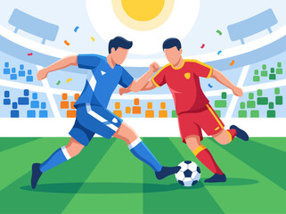 Modern flat vector illustration of two soccer players competing for the ball on a stadium field © Cumi Studio