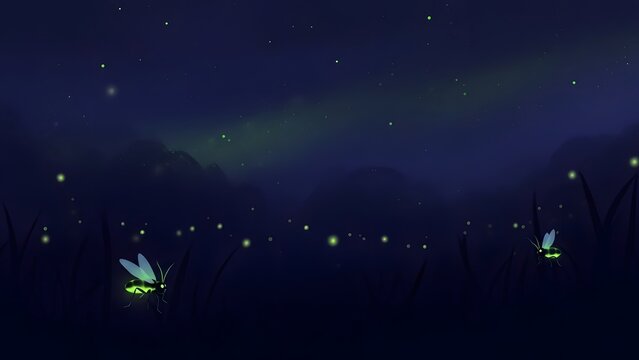 Glowing fireflies mystical night nature illustration background