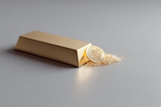 Minimalist 3D render of a physical gold bar next to a digital 3D Bitcoin symbol, Modern hedging