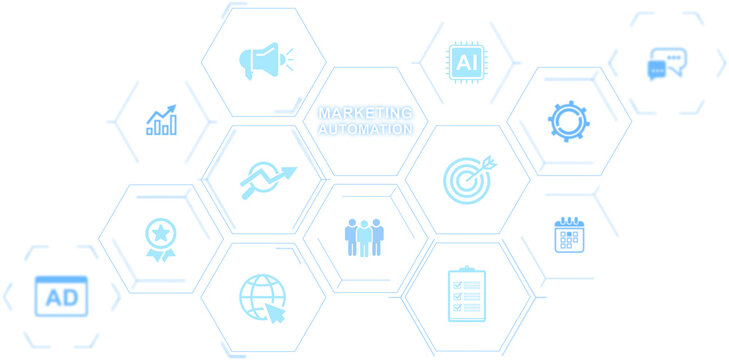 Marketing automation interface with blue line icons in hexagonal layout, isolated on white background, concept of digital strategy and workflow optimization