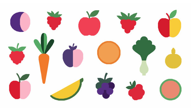 Colorful abstract fruit and vegetable set flat vector berries and organic food art collection