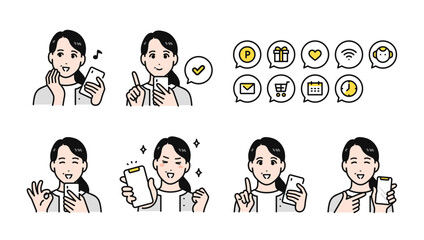 Obraz na płótnie Canvas スマートフォンを持つ40代女性のポジティブな表情バリエーションセット