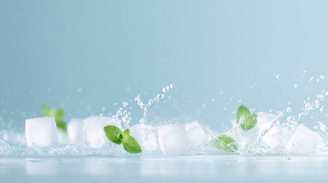 Floating ice cubes and mint leaves in clear water splash, soda or cocktail background
