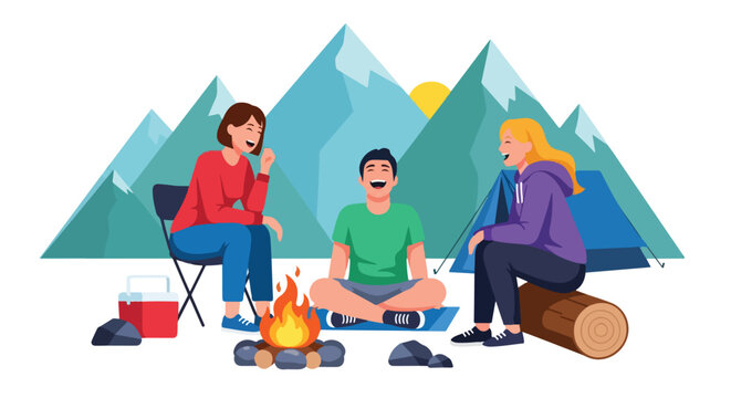 Three friends laughing and sitting together by a campfire in front of mountains
