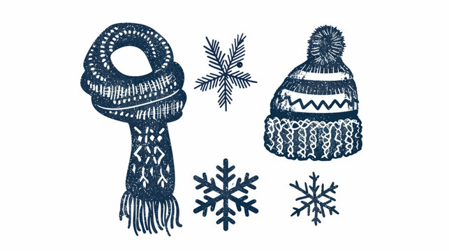 Winter items knit hat, scarf, snowflakes, and pine sprig illustration
