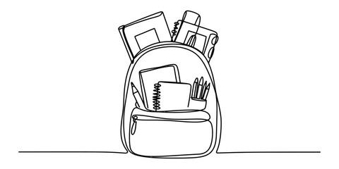 A single continuous line drawing of a backpack filled with various school supplies and notebooks Vector, illustration © Ratna Art_Gallery