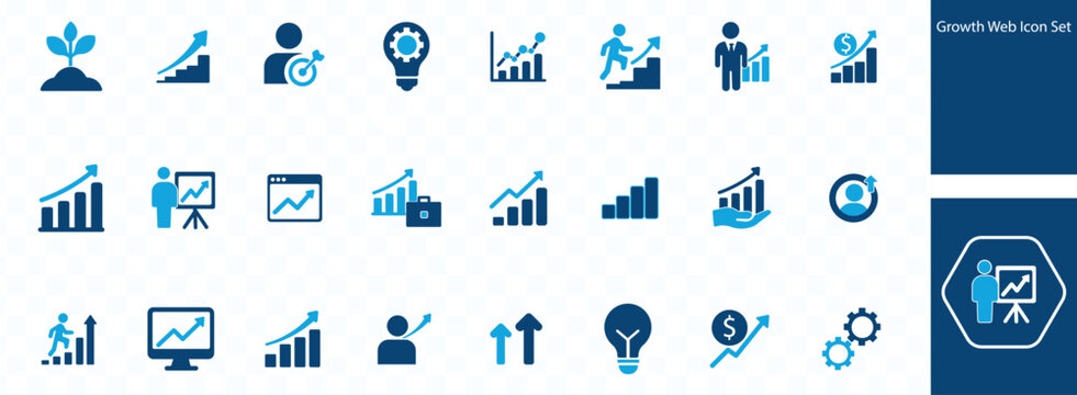 This image displays a collection of blue web icons representing business growth success and financial progress high quality professional detailed modern elegant