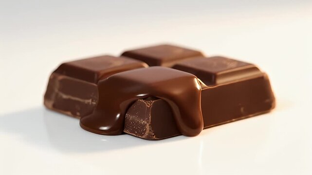Close-up of a rich, smooth milk chocolate bar with four square segments, featuring a glistening drop