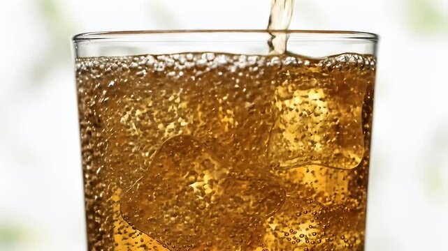 Close-up of amber liquid being poured over ice cubes in a clear glass, creating refreshing bubbly