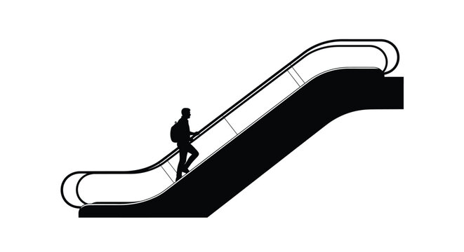 Silhouette of a person riding an escalator viewed from a side angle