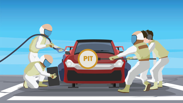 Concept illustrates a high performance pit crew working in perfect synchronization to service a race car. It embodies the essence of teamwork speed and precision required to achieve a common goal.