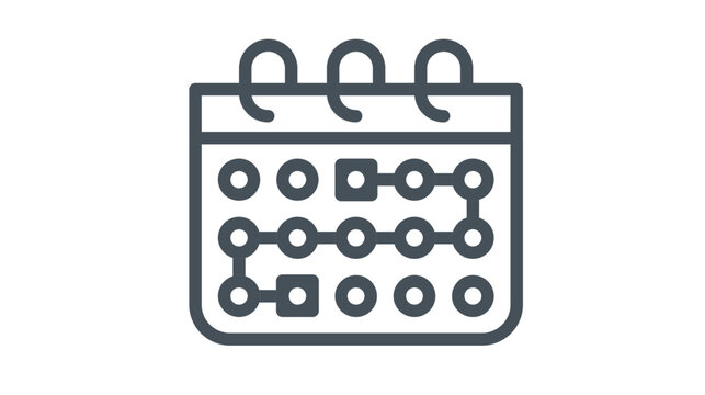 Minimalist vector icon of a spiral-bound calendar with a connected timeline of events and dates, perfect for planning, scheduling, and time management concepts in a clean graphic style.