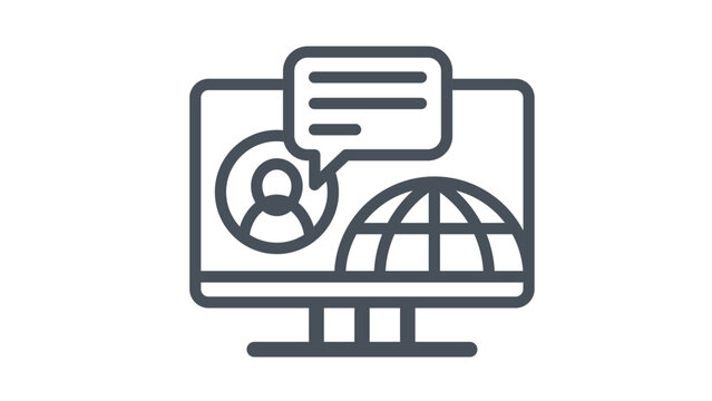 Global Online Communication and Social Networking Vector Icon Illustration Featuring a Computer Monitor with a Person Profile, World Globe, and Speech Bubble for International Digital Business.