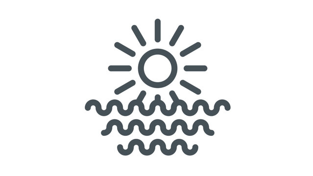 Minimalist black vector icon illustration of a sun with rays rising or setting over wavy ocean water, a clean and scalable symbol for nature, weather, summer, beach, and sunrise concepts.