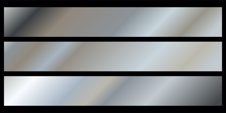 Vector set of illustration of different silver metallic foil texture gradation for border, ribbon, frame. Background set. 3d realistic style design of shiny silver gradient with stripe background