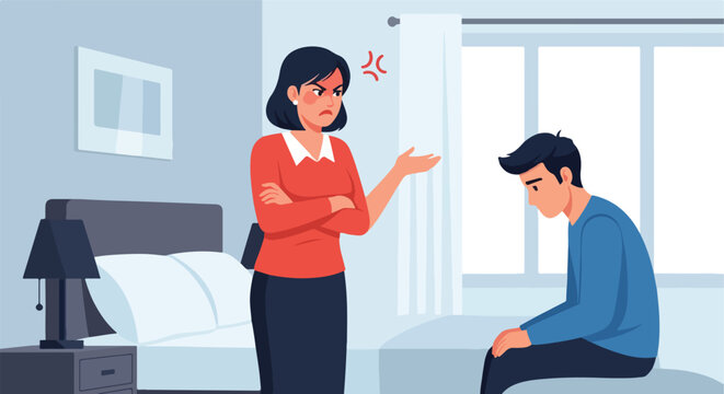 An angry mother scolding her sad teenage son sitting on the edge of a bed