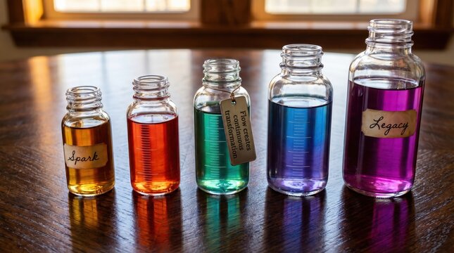 Structured Alignment of Colored Liquids in Glass Bottles on Dark Surface s1