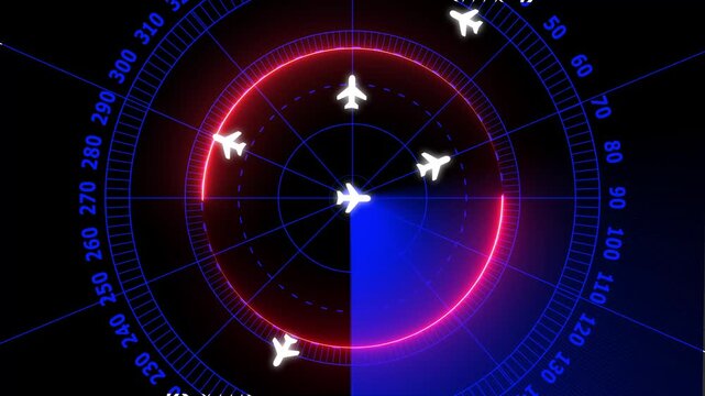 Air Traffic Control Radar Animation with Rotating Scan and Airplane Symbols on Black Background, Neon HUD Display and Digital Aviation Tracking System Concept.