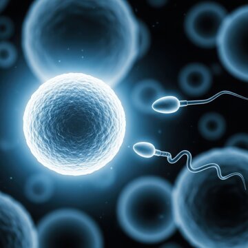 Sperm cells approaching an egg cell in a microscopic view of fertilization