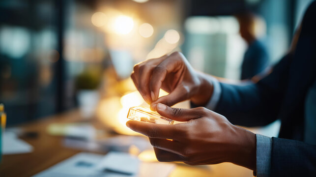 Close up of hands at a bright office using a digital countdown timer for a timeboxed discussion during a scrum ceremony warm facilitation office lighting defocused bright modern