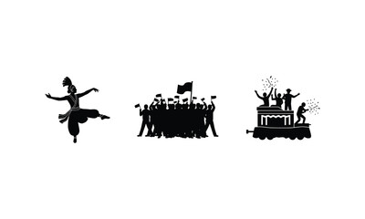 Fototapeta premium Traditional dancer silhouette with parade crowd and festival float vector illustration art.