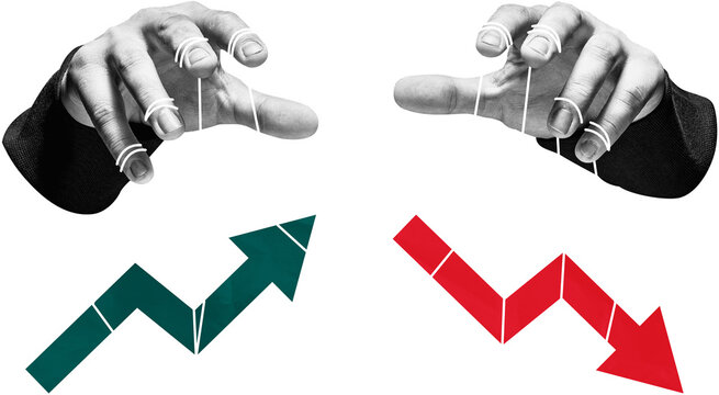 Collage of hands with strings over upward and downward arrows in halftone style on white background, concept of financial control